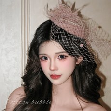 復古白色網紗禮帽，新娘氣質面紗頭飾，名媛宴會禮服髮飾, 1個, 粉色網紗小禮帽【暗夾】