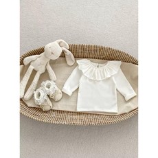 四口甜 女童花邊荷葉領棉質彈性打底衣，適合秋冬，尺寸66-100, 1個, 現貨米白荷葉領,100