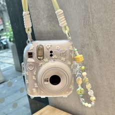 TZTQ mini12透明外殻 instax拍立得水晶硬殻 相機保護殼 mini相機保護套, 1個, 奶綠白短繩+青蘋果掛繩【不帶殼】,Mini99透明殼【送轉換繩】