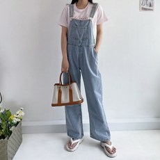 여성 멜빵 청 데님 오버 팬츠 캥거루포켓 데일리 바지 뷔스티에 스카이데님오버롤팬츠