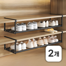 루만 길이조절 신발장 정리대 다용도 철제 선반 75 x 20 x 15cm, 2개, 블랙
