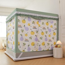 新款全包全封閉家用蚊帳遮光簾一體帶支架坐床防摔單雙人防塵防風, 鬱香小兔  蚊帳+支架+四片布簾,寬90*長190*高110cm