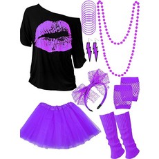 80년대 의상 코스튬 액세서리 여성용 네온 티셔츠 튀튀 스커트 마디 그라용 로즈 레드와 형광 그린 특소형, 미디엄, 퍼플