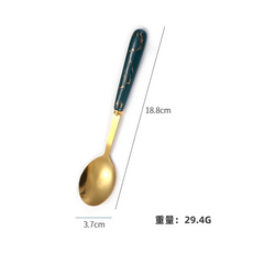HYLSS 不鏽鋼勺子墨綠色仿陶瓷長柄吃飯小湯勺, 1個, 绿金（花纹）:如图所示（8175）