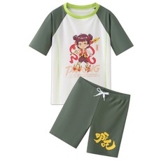 新款哪吒男童泳衣套裝，夏季防曬透氣分體泳衣，兒童外穿