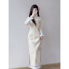 國風旗袍秋冬加絨改良連衣裙 少女宴會氣質長裙