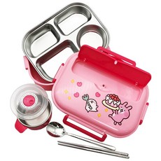 卡娜赫拉的小動物不鏽鋼分隔餐盒，輕巧便攜，安全無毒，粉紅色附餐具, 1個, 粉紅色