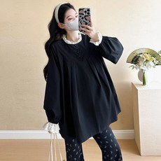 임산부 셔츠 봄 가을 임부 긴팔 상의 빅사이즈 루즈핏 긴팔 블라우스 레이스 패치 임부복 셔츠 데일리룩 JS