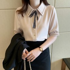 雪紡衫女短袖襯衫 氣質翻領寬鬆設計感上衣