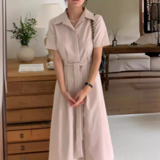 ZAJA 여성 반팔 핀턱 카라 셔츠 롱 원피스 여름 하객룩 오피스룩 3컬러