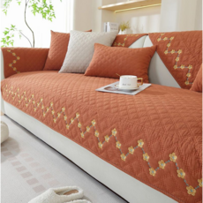 奶油風純棉沙發墊2024新款布藝防滑沙發套罩四季通用沙發坐墊全蓋沙發巾, 欣然-橘紅, 1個