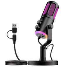 Gaayou RGB 게이밍 마이크 USB 콘덴서 원터치 노이즈캔슬링 / 이어폰 연결 / PC 폰 호환 / 방송 녹음용, 블랙