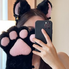 해피 할로윈 포실포실 캣우먼 코스튬 세트 고양이머리띠+냥발 글로브 장갑, 블랙세트(글러브 1P+머리띠 1P)