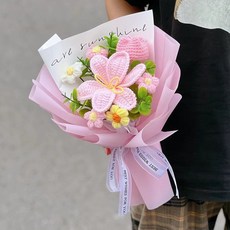 針織毛線玫瑰泡芙花束, 1粉胖胖1粉鬱金香毛線花束成品 裸花無禮袋，無賀卡, 1套
