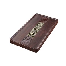 實木茶盤 附排水設計 家用泡茶台 茶托 功夫茶具套組, 1個, 黑檀木紋銅窗, 紅木色
