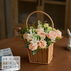 手工草編花籃手提編織籃田園風客廳裝飾擺件插花籃假花仿真花套裝, 1, 尤加利吉祥玫香檳卷芯玫和28CM手提方籃