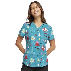 Cherokee 여성용 스크럽 브이넥 프린트 수술복 탑 모던 클래식 핏 포켓 3개 쉐이핑 다트 및 사이드 벤트 포함 - CK664 Happy Holidogs XXL 플러