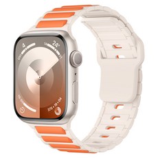 蘋果手錶S10 雙色矽膠錶帶 原生液態 透氣運動表帶 適用Apple Watch S9 8 7 6 5 SE Ultra, 工字紋磁吸錶帶-星光配橙,【44mm】4/5/6/SE