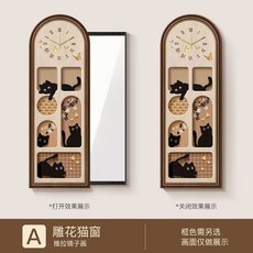 舒心美鏡 貓咪隱藏式全身鏡 帶鐘錶 推拉穿衣鏡 玄關裝飾掛鏡 臥室鏡 客廳裝飾, A-UV晶瓷+金色鋁合金框,50*142cm內框40*130-右推拉
