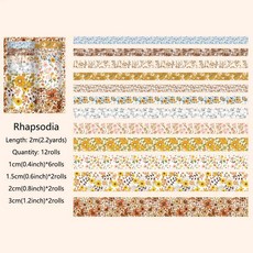 12 롤 빈티지 꽃 Washi 강력 접착 테이프 세트 DIY 컬러 장식 데코 마스킹 노트 일기 총알 저널링 포장 용품 216195, Rhapsodia