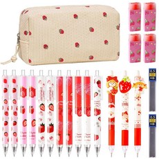 귀여운 딸기 학용품 카와이 문구 생일 크리스마스 선물 지우개 딸기 샤프 심 리필 딸기 펜 연필 홀더 포함 사무실 학교 용품용, 귀여운 딸기 학용품, 카와이 문구 생일 크리스마스 선물