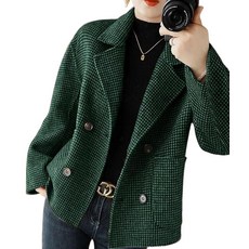 Utcoco 여성용 크롭 울 코트 하운드투스 더블 브레스트 쇼트 울 피 코트 크롭 블레이저 재킷 포켓 포함 블랙. XXL