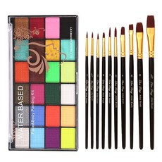 24色人體彩繪六一兒童節兒童面部彩繪顏料水溶性臉部彩繪舞台妝容, 24色人體彩繪單盒+10支筆套裝