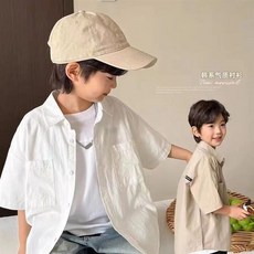 男童純棉短袖襯衫，兒童夏裝薄款襯衫外套，2024新款小男孩帥氣上衣