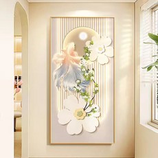 禪緣香舍 奶油風鑽石畫 滿鑽新款花卉錦鯉 小清新磚石貼畫 十字繡玄關裝飾 高級感, 1個, 50*90CM圓鑽滿鑽不帶框