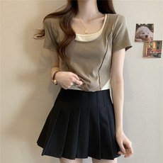 여성용 여름용 스퀘어넥 반소매 티셔츠 언밸런스 슬림핏 숏탑