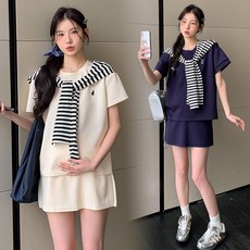 임산부 3pcs 반팔 미니 스커트 셋업 예쁜 임부복 하객룩