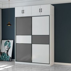 衣櫃家用臥室實木推拉門儲物櫃大容量移門衣櫥簡易櫃子大果出租房, 高端冷淡灰-140主櫃+頂櫃