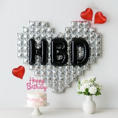 해피제이니 빅하트 HBD 레터링풍선 하트풍선 생일파티용품 세트, 1세트, 빅하트 HBD 실버