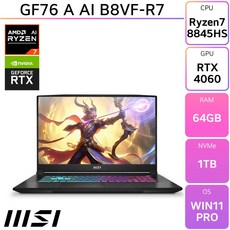 MSI 2024 스워드 GF76 17.3 라이젠7 라이젠 8000 시리즈 지포스 RTX 4060, 블랙, 1TB, 64GB, WIN11 Pro, Sword GF76 A AI B8VF-R7