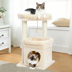 PAWZ Road 3단 소형 캣타워 고양이 하우스 낮은 플랫폼 숨숨집 기둥형 스크래쳐 패브릭 68cm, 1개, 베이지