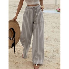 WEILI 韓系夏季條紋鬆緊腰闊腿沙灘褲，寬鬆舒適，透氣快乾，時尚百搭