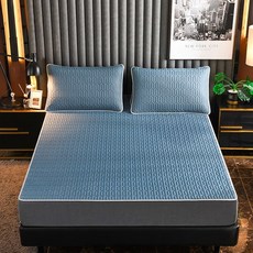 Tiger Pavilion 라텍스 아이스 실크 쿨 매트 + 베개 커버 세트, 블루, 쿨매트+베개커버2장