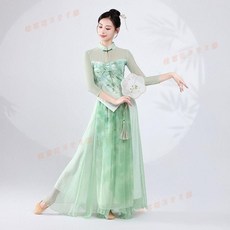 新竹發出 新款古典舞綠飄逸旗袍舞蹈服古典舞中國風身韻紗衣練功表演服套裝, 梨花綠單上衣,XL