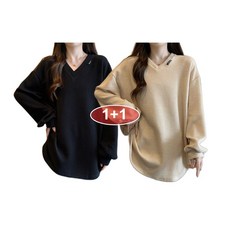 구름신 1+1 도톰한 오버핏 빅사이즈 여성 긴팔 맨투맨 티셔츠 가을 데일리 브이넥 상의