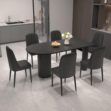 블랙 반원형 식탁 반원테이블 거실 반타원 원룸 반원, 120x60x75cm, 28mm + 블랙 라이트닝 가죽 의자 6개