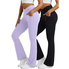 Boerfmian 주머니가 있는 여성용 플레어 레깅스 2팩 하이 웨이스트 크로스오버 플레어 레깅스 부츠컷 요가 팬츠 블랙-네이비 블루 147683