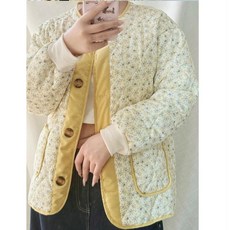 해피유통 여성 봄가을 꽃무늬 패딩 외투 캐주얼 편안한 버튼 디자인