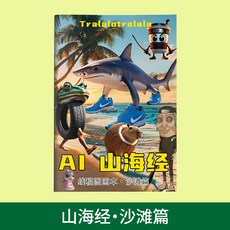 山海經填色畫冊：木棍人描摹本，穿鞋鯊魚圖案，兒童繪畫臨摹本, 1本：AI山海經（沙灘篇）