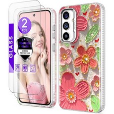 삼성 갤럭시 S25 FE 5G 케이스 + 2개 화면 보호필름 고급 도금 금색 가장자리 글리터 카드 및 손목끈 포함 슬림 부드러운 크리스탈 투명 TPU 충격 방지 커버 FE핑크