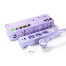 러그박스 3/5구 납작플러그 고속충전 USB C타입 고용량 3680W 멀티탭 1.5M/ 3M, 1개, 3구 퍼플, 1.5m