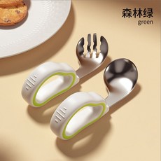 寶寶學習餐具 兒童短柄叉勺組, 1個, 森林綠叉勺+收納盒