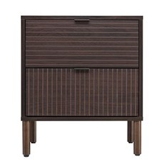 SANGO Merk 2단 서랍 나이트스탠드 원통형 나무 다리가 있는 모던 월넛 침대 옆 테이블 수직 및 수평 그루브 패턴 섬세한 금속 손가락 손잡이 사무실 또는 거실을, Walnut