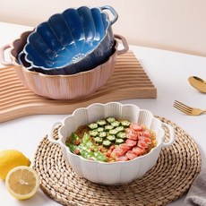 家用陶瓷雙耳湯碗酸菜魚水煮魚大盆碗可愛日式餐具大碗小湯盆面盆湯碗 湯盆 餐具 沙拉碗 泡面碗 大號雙耳花瓣 烤箱 微波爐, 白色,8.65英寸（1600ml）, 1個