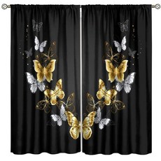 나비 커튼 블랙 골드 판타지 테마 배경 봉 포켓 암막 창문 드레이프 침실 거실 주방 카페 장식용 너비 53.3 x 길이 114.4cm(21 45인치) 2 장식