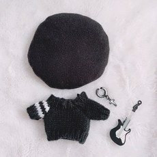 臺灣爆款 娃衣 配件 娃娃配飾 娃娃衣服 10cm娃衣拽酷神秘黑帥氣男友風翅膀眼鏡耳環棉花娃娃衣服可愛, 10cm（黑帽+毛衣+吉他（關注送耳環）, 1個